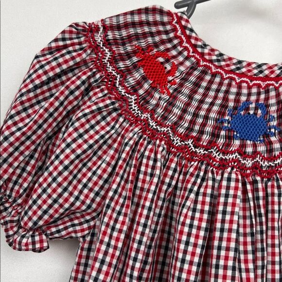 Rosalina Collections Red and blue smocked crab embroidered bishop dress size 3T - Picture 5 of 13